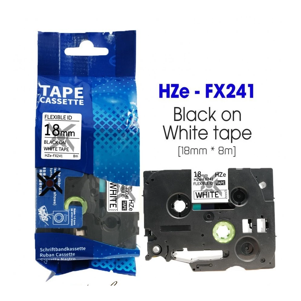 Nhãn in Hze-fx241 siêu dẻo khổ 18mm chữ đen nền trắng 